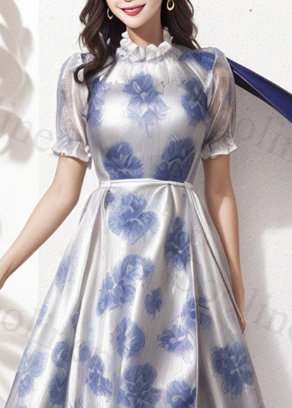 Handmade Blue Ruffled Cinched Print Silk Party Dress Summer