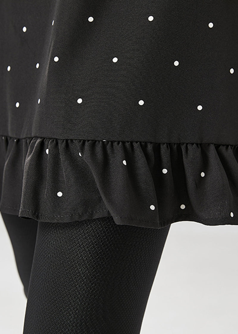 Black Dot Print Ruffles Cotton Mini Dresses Fall