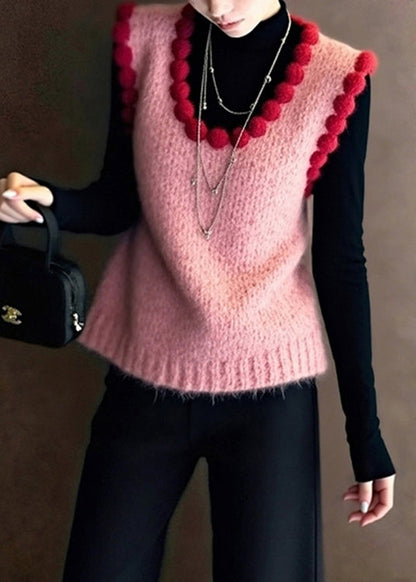 Handmade Pink Oversized Fuzzy Ball Decorated Knitted Vests Spring