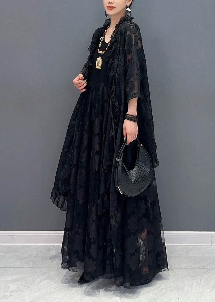 Black Ruffled Lace Up Patchwork Lace Two Piece Set Summer