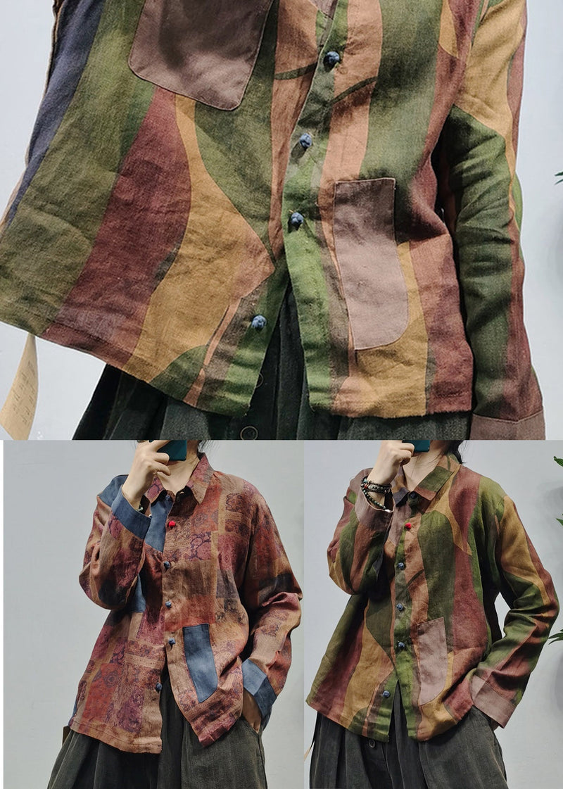 Green Wrinkled Patchwork Linen Shirt Tops Long Sleeve