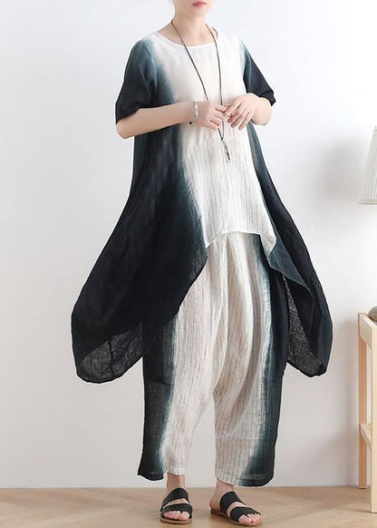 Unique Black Tie Dye Linen Short Sleeve Sets Two Pieces