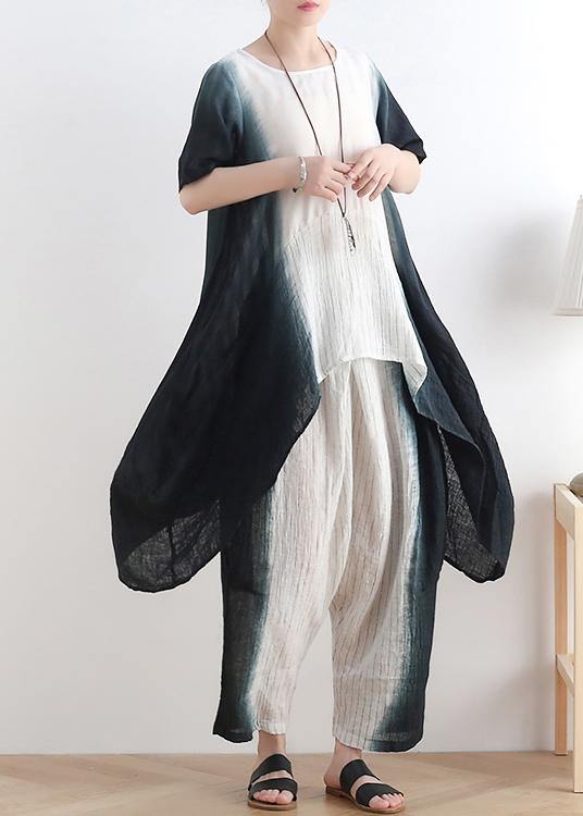 Unique Black Tie Dye Linen Short Sleeve Sets Two Pieces