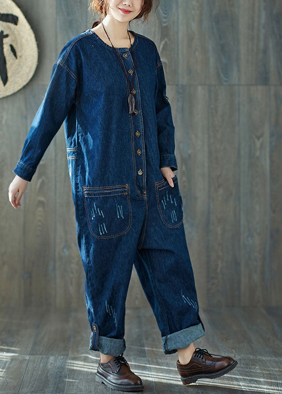 Dark Blue O-neck Pockets Denim Jumpsuits Spring