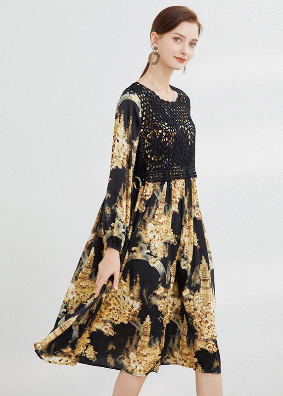 Black Hollow Out Print Dress Spring