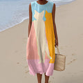 Women's Cat Art Print Linen Tank Midi Dress elevenforest