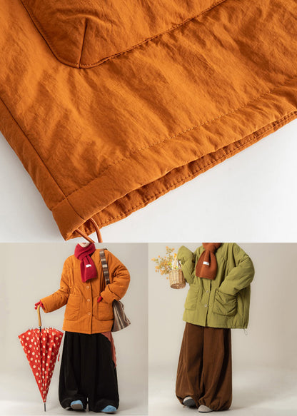 Loose Orange Pockets Parkas and Black Pants Cotton Filled Two Piece Set Winter