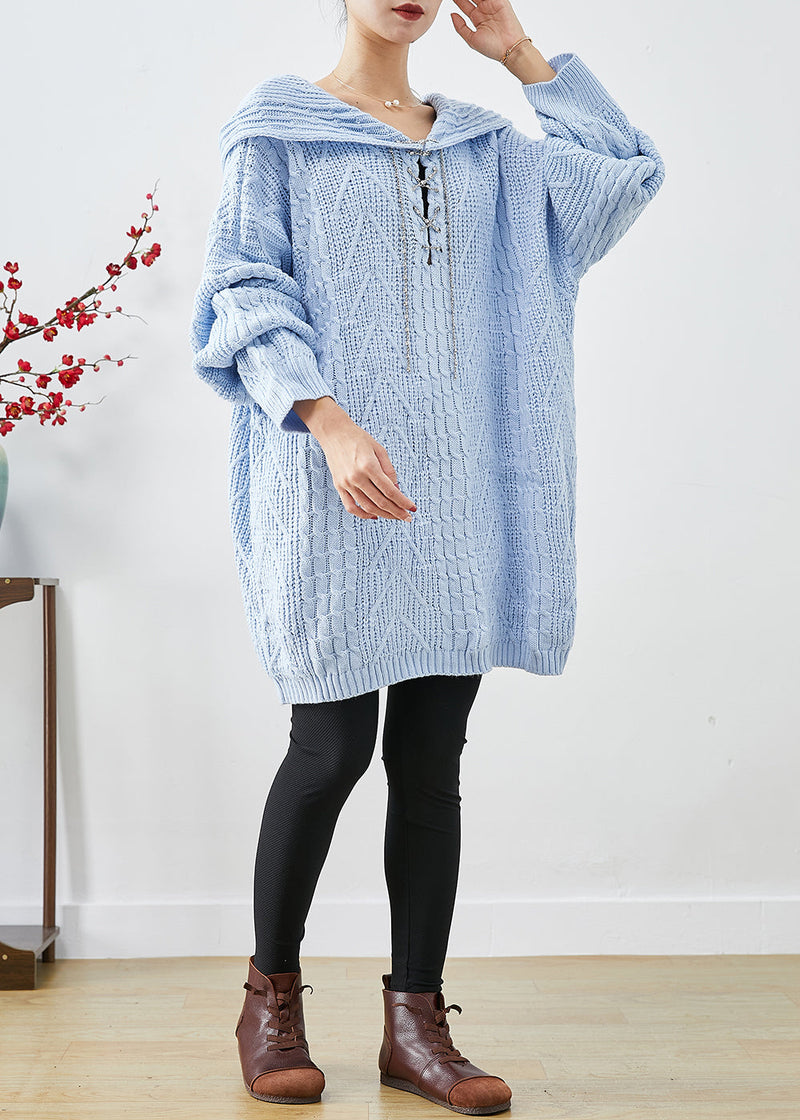 Sky Blue Hooded Oversized Knit Sweater Dress Fall