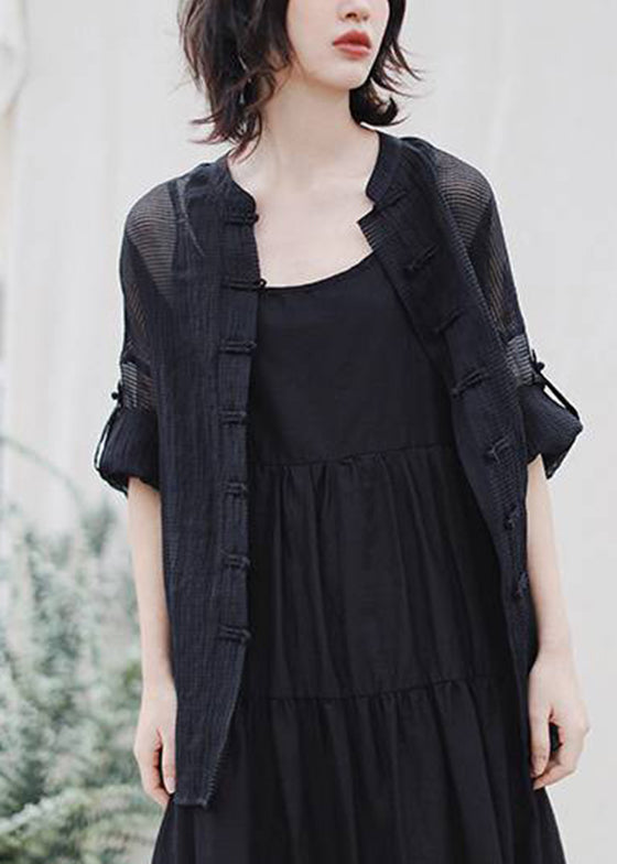 Chinese Style Black Mandarin Collar Button Pockets Tulle Coat Spring