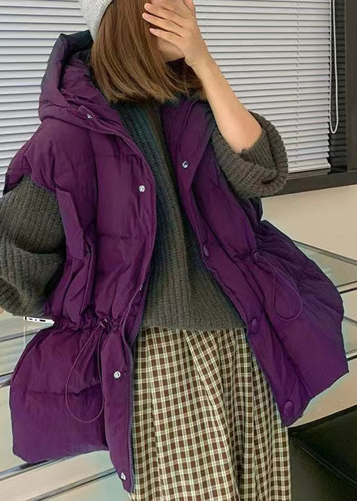 Purple Zip Up Drawstring Duck Down Hooded Vest Sleeveless