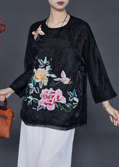 Black Organza Shirt Tops Embroidered Butterfly Summer