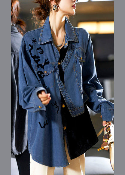 Denim Blue Peter Pan Collar Asymmetrical Print Button Cotton Coats Long Sleeve