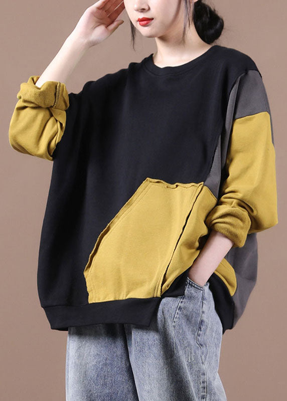 Black Patchwork Yellow Loose Fall Sweatshirt Street Wear