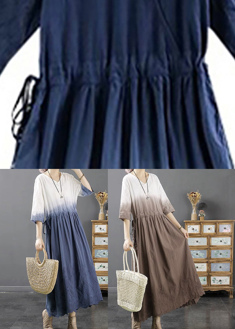 Lighy Blue V Neck Hollow Out Long a Line Dress Fall