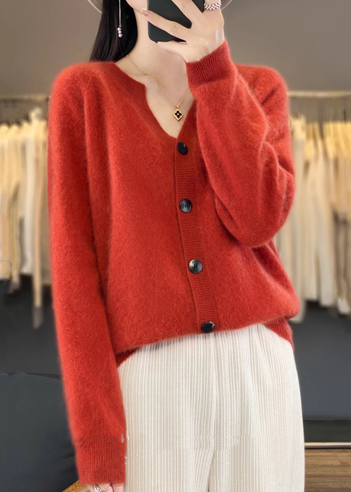 Simple Camel V Neck Button Cashmere Cardigan Long Sleeve