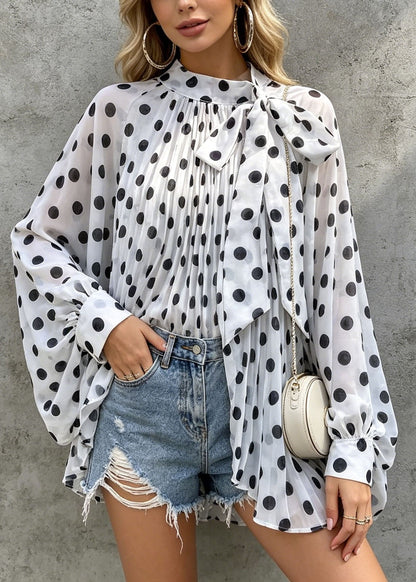 White Dot Print Bow Chiffon Tops Batwing Sleeve