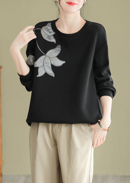 Black O Neck Embroideried Cotton Pullover Sweatshirt Fall