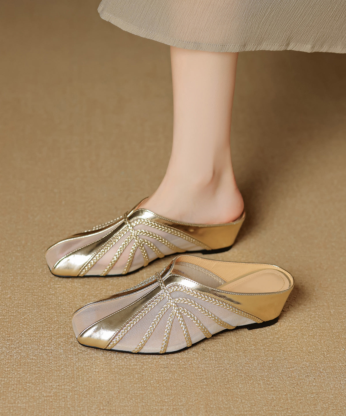Tulle Splicing Wedge Slide Sandals Gold Cowhide Leather