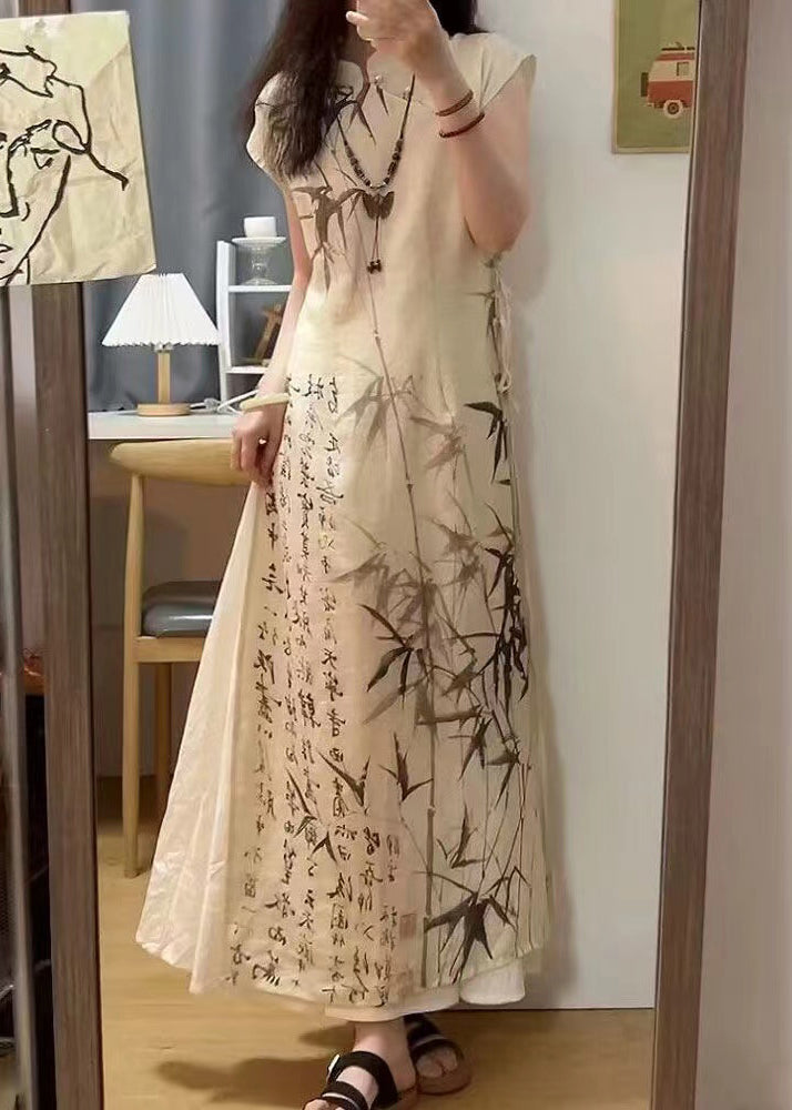 Chinese Style Bamboo Ink Painting Lace Up Dress for Summer