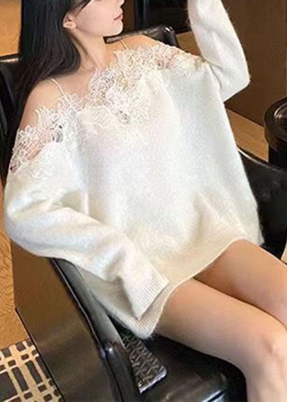 White Slash Neck Cozy Cotton Knit Spaghetti Sweaters Winter