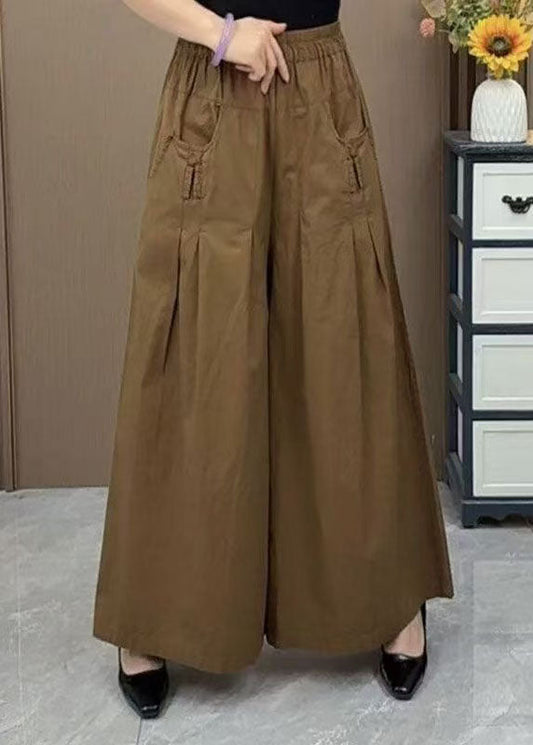 Brown Oversized Pockets Wrinkled Cotton Pants Skirts Fall