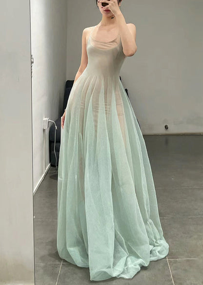Light Green O-neck Tulle Spaghetti Strap Dress Sleeveless
