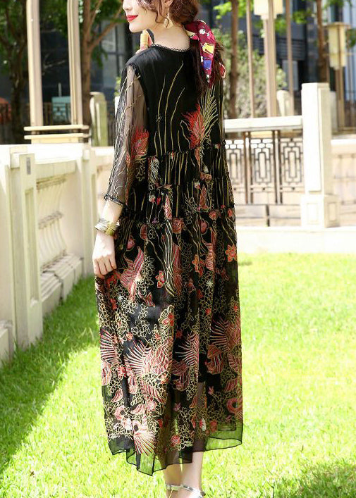Black Embroideried Lace Up Silk a Line Dresses Summer
