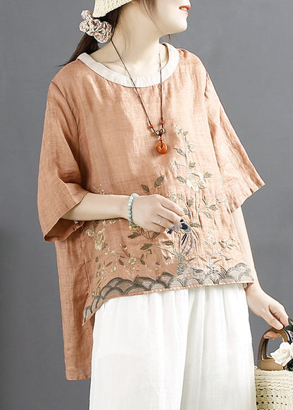 Orange Embroideried Linen Shirt Top Summer