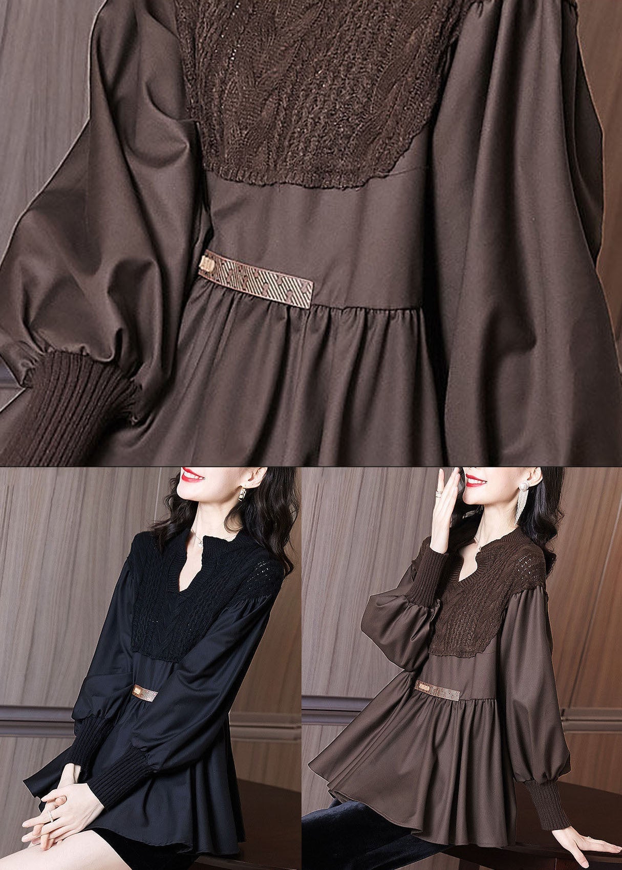 Black V Neck Knit Patchwork Chiffon Shirt Top Long Sleeve