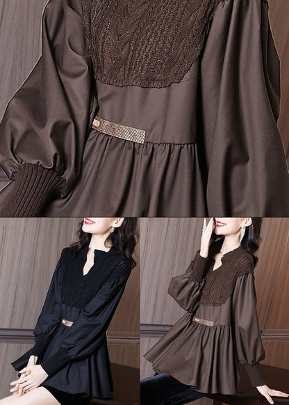 Black V Neck Knit Patchwork Chiffon Shirt Top Long Sleeve