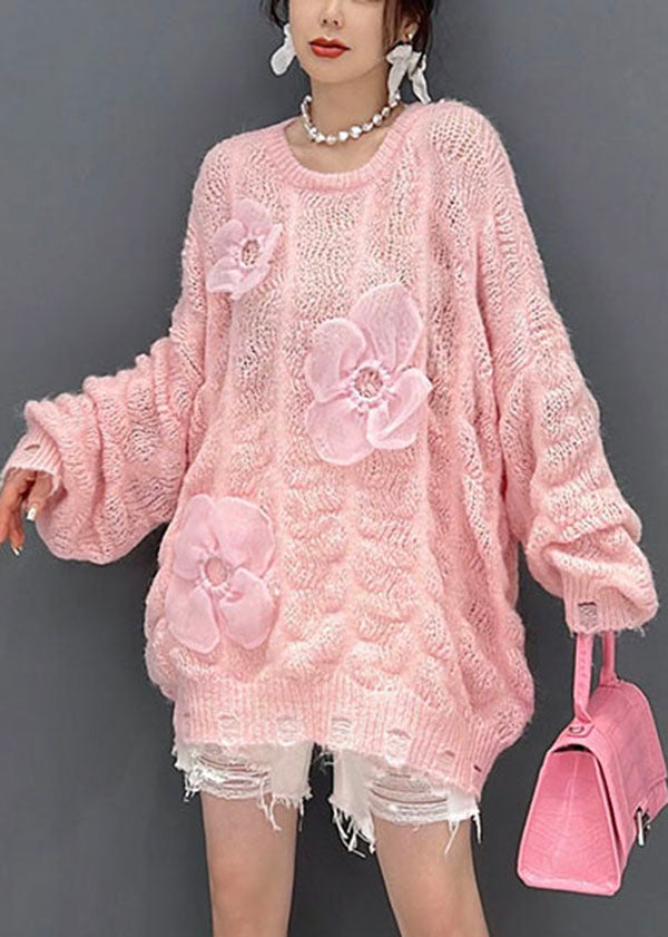Pink Oversized Hollow Out Applique Knit Sweater Tops Winter
