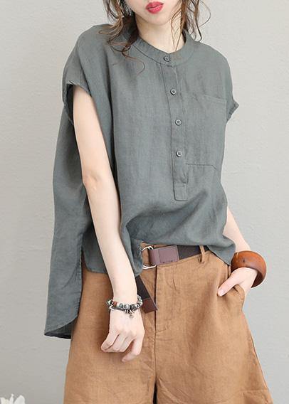 Unique O Neck Linen Tops Blouses Low High Design Clothing Green Polka Dots Shirt