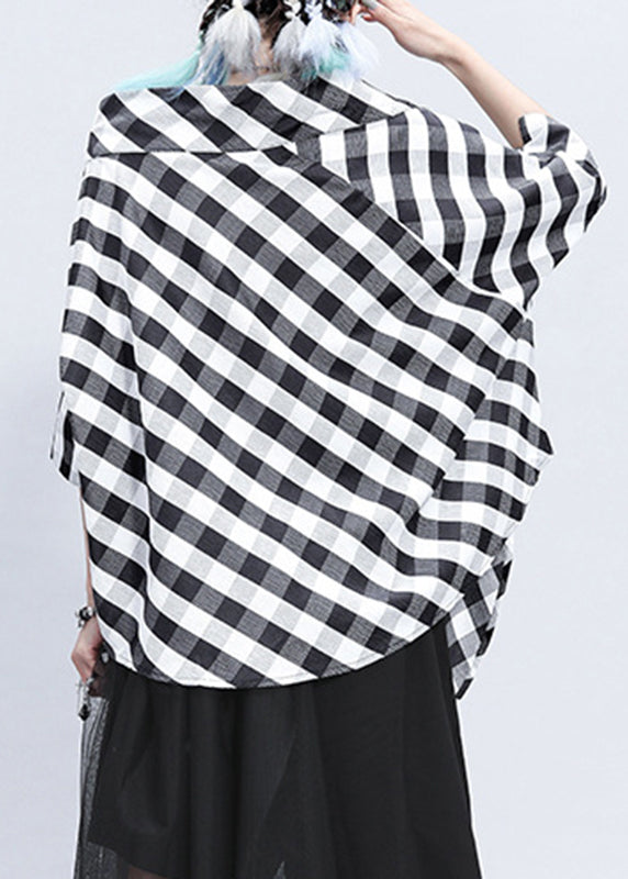 Plaid Stand Collar Asymmetrical Patchwork Button Linen Tops Batwing Sleeve
