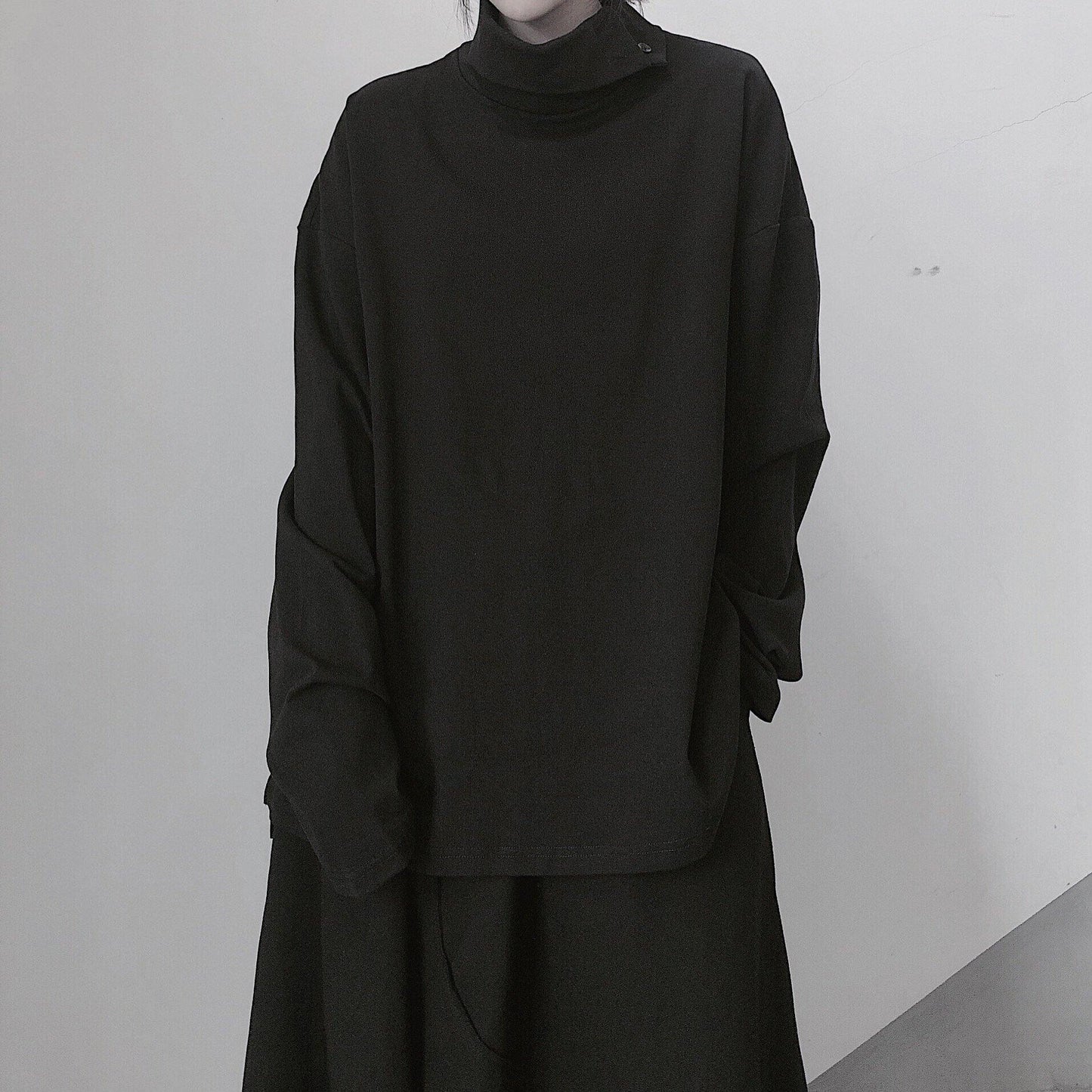 Italian High Neck Asymmetric Tops Blouses Fabrics Black Blouses