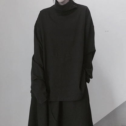 Italian High Neck Asymmetric Tops Blouses Fabrics Black Blouses