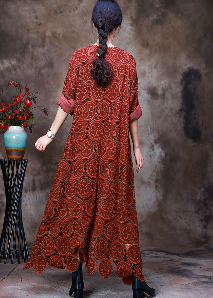 Orange Embroideried Asymmetrical Design Fall Dress Long Sleeve
