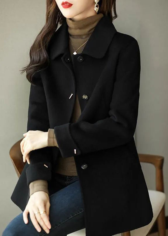Black Peter Pan Collar Button Down Woolen Coat Fall