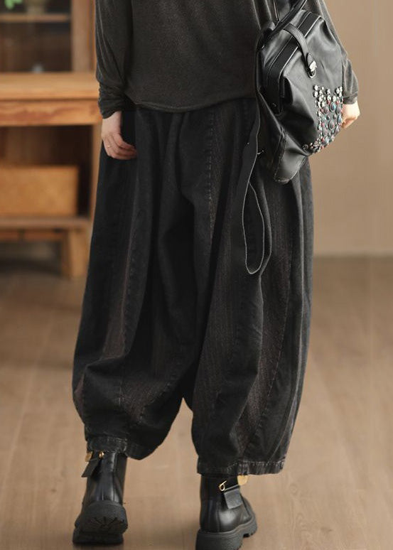 Black Pockets Lace Up Patchwork Harem Pants High Waist Fall