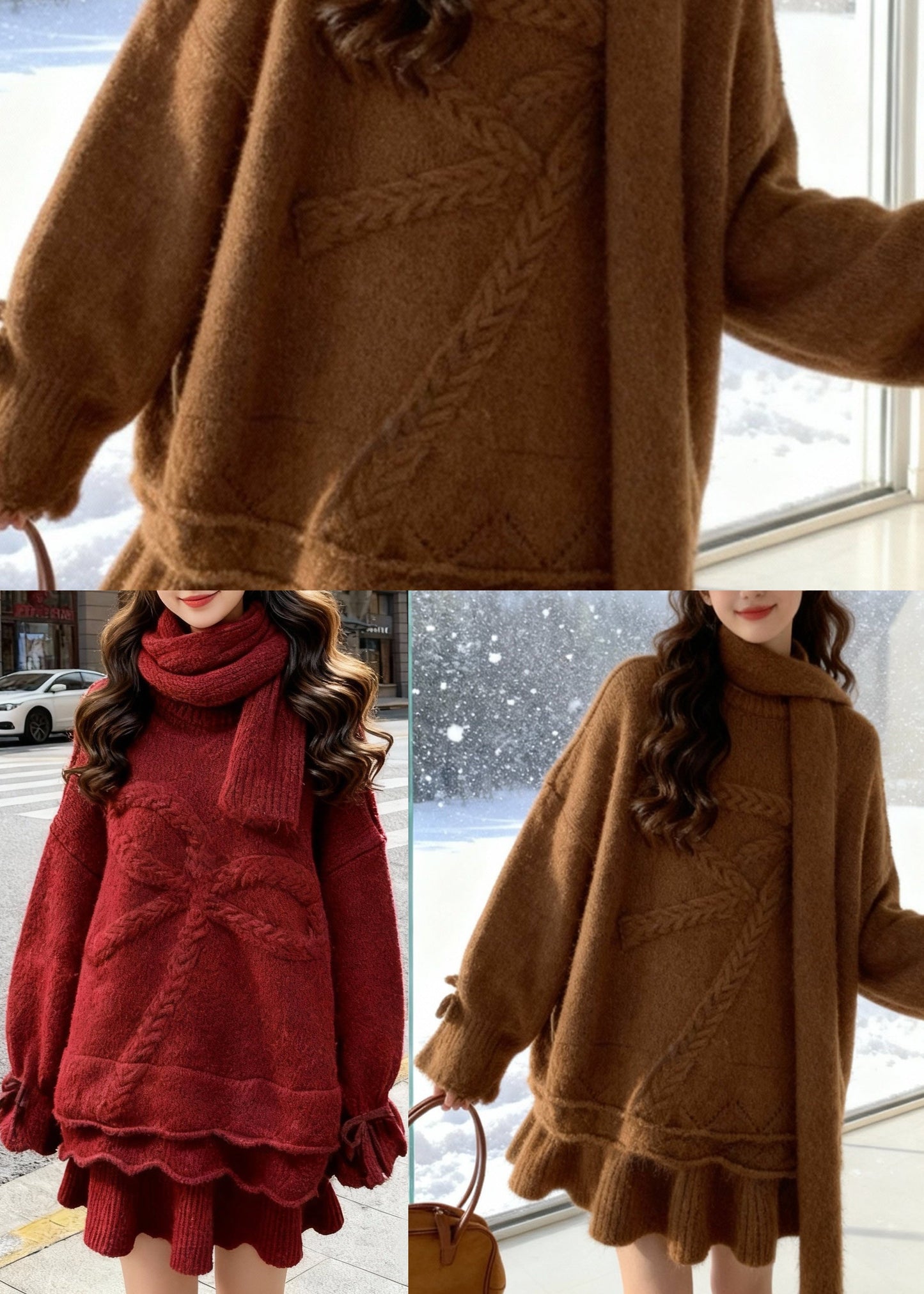 Brown Warm Knit Two Piece Set Clothing Oversized Bow Winter