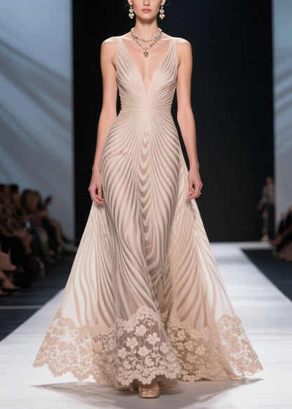 Apricot Striped Patchwork Lace Silm Fit Evening Dress Summer