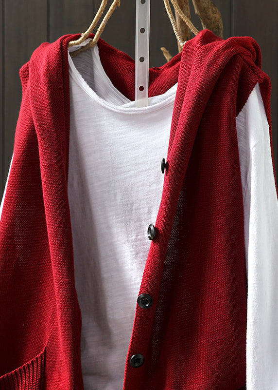 Red Button Knitted Cotton Thread Hoodie Waistcoat Fall