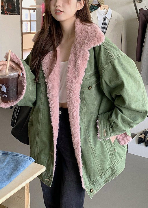 Art Green Oversized Pockets Fleece Wool Lined Jackets Winter
