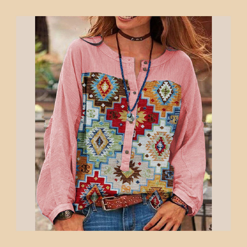 Blue O-neck Button Print Top Long Sleeve