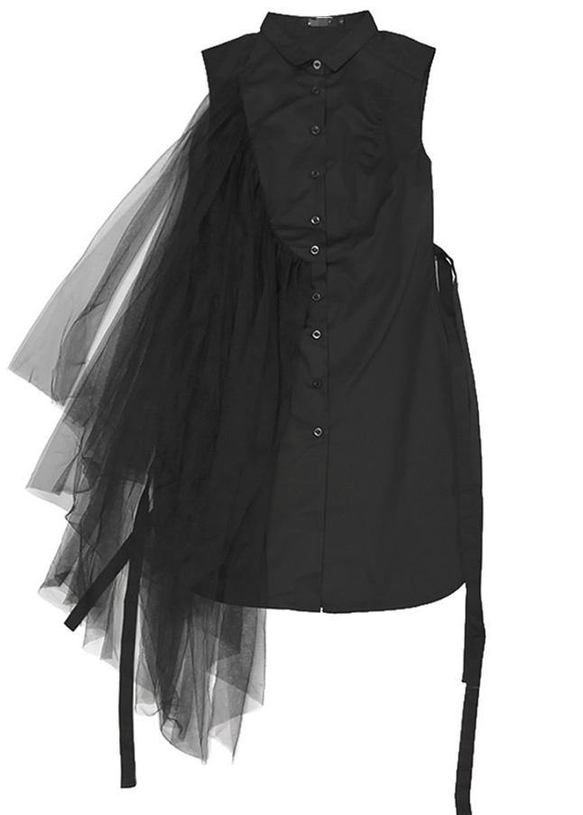 Black Peter Pan Collar Tie Waist Cotton Top
