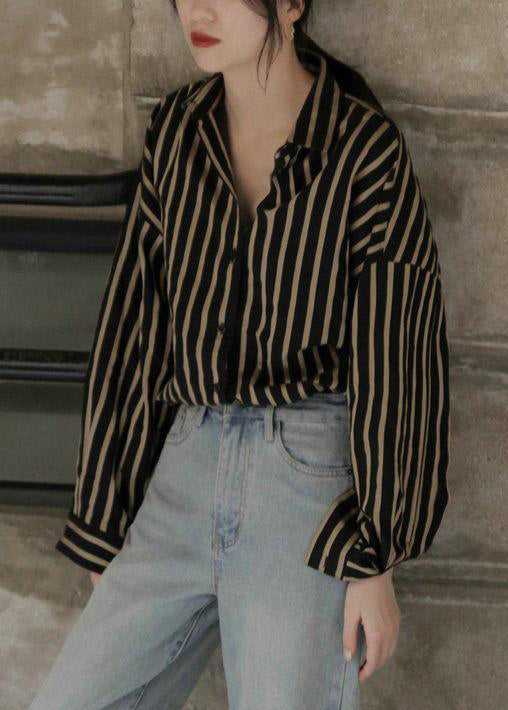 Apricot Striped Button Patchwork Cotton Blouse Fall