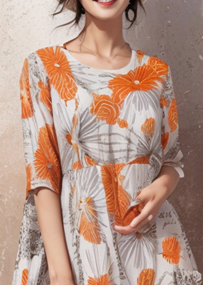 Orange Print Draping Silk Maxi Dress Oversized Summer
