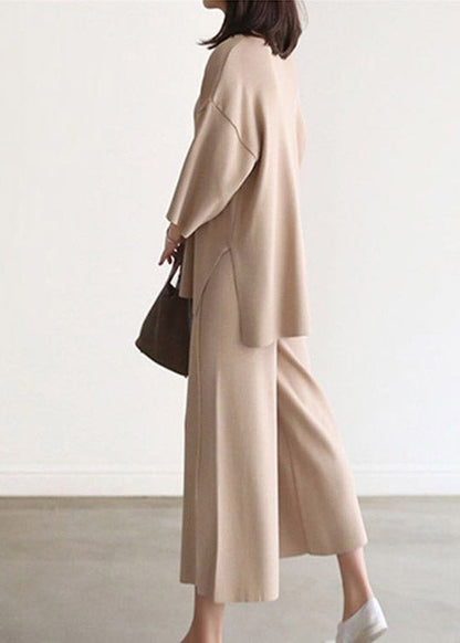 French Apricot V Neck Knit Top and Wide Leg Pants Two Pieces Set Spring