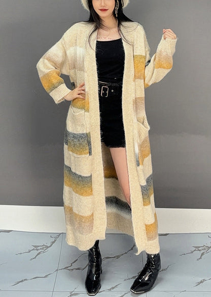 Yellow Striped Pockets Knit Long Cardigan Winter