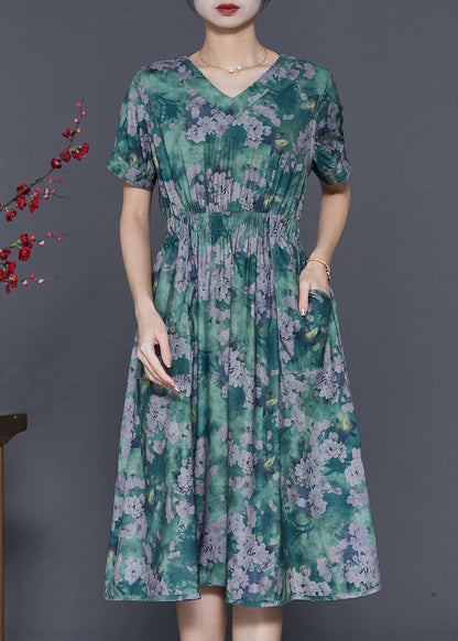 Green Cinched Print Cotton Dress Summer