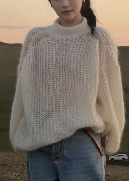 Handmade White Patchwork Cotton Knit Sweaters Fall